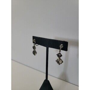 Vintage Screwback Earrings Dangle Clear Rhinestone Square Drop Silver Tone Class